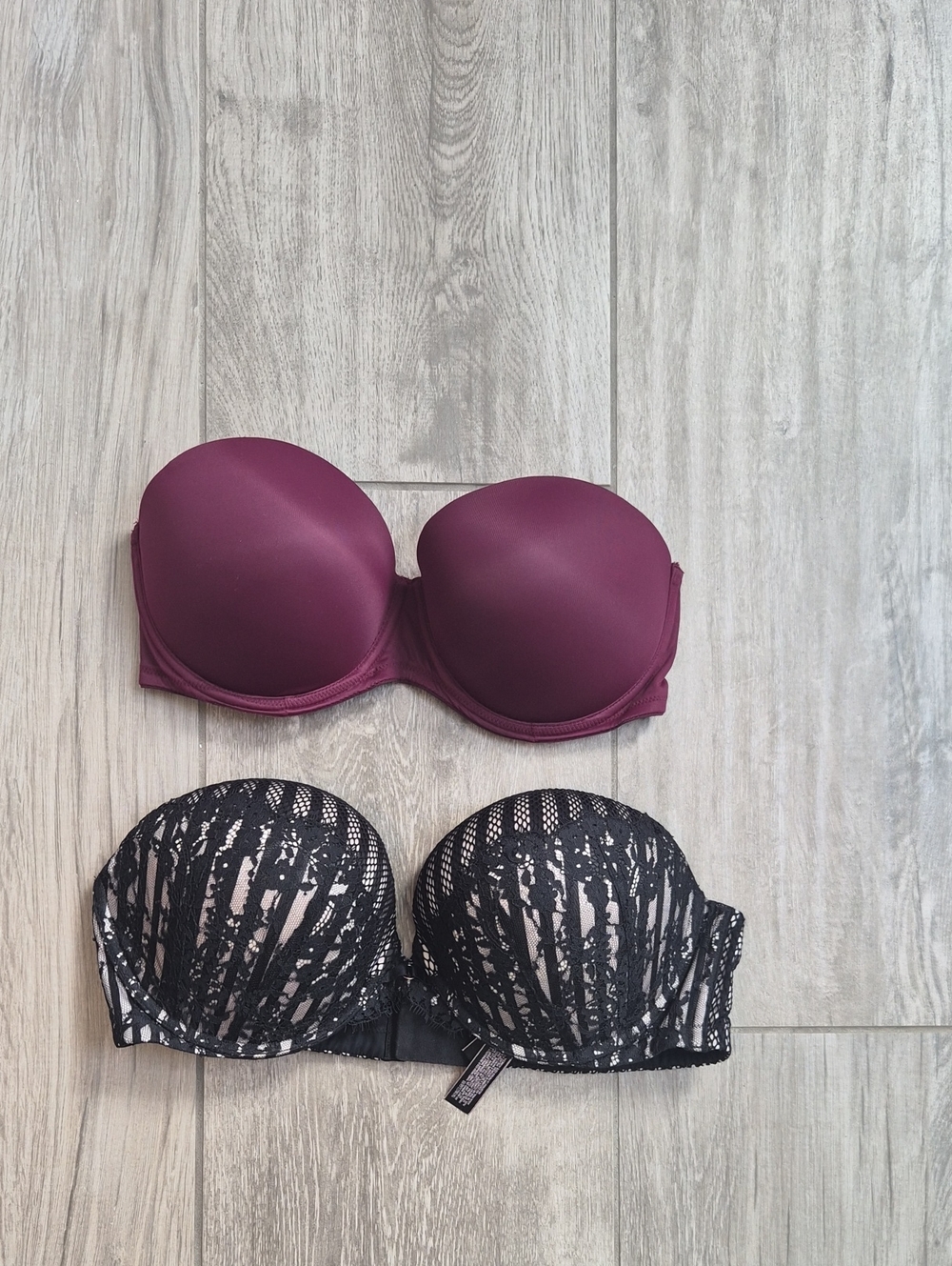 Pink And Victoria's Secret Plum and Black Lace Strapless Bras 34DD